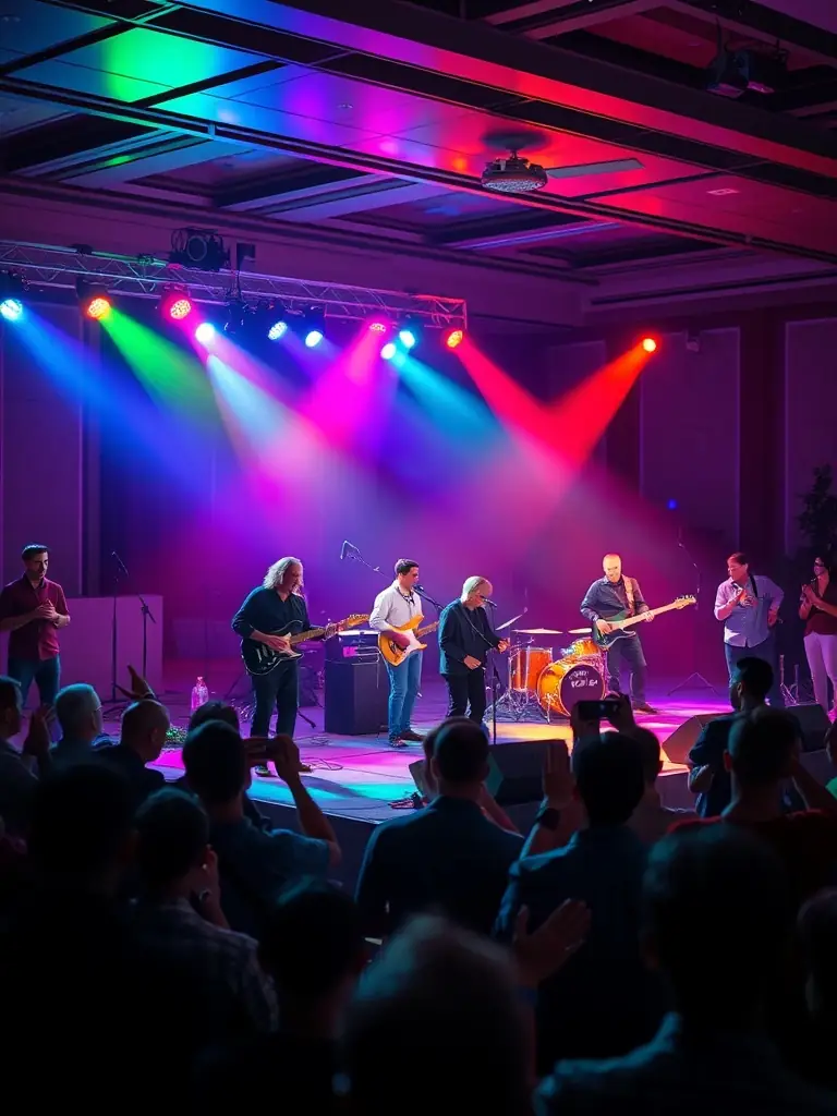 A dynamic image of a live performance during a BY VALACROFT-organized themed evening, featuring musicians and performers interacting with an enthusiastic audience, highlighting the organization's role in enriching the local arts scene.