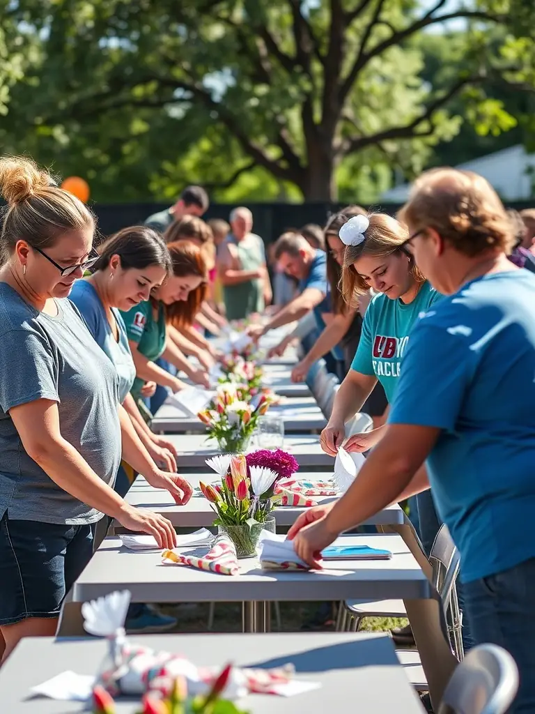 A photograph of volunteers assisting with the setup of a community festival organized by BY VALACROFT, demonstrating the organization's reliance on community involvement and its commitment to accessible cultural events.