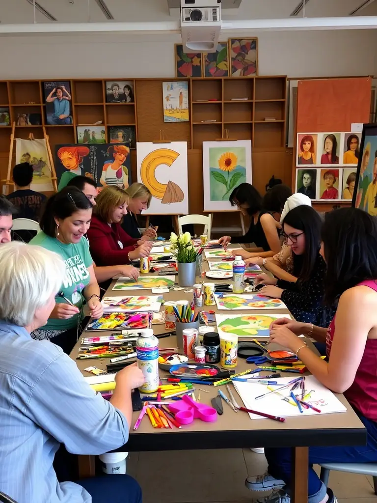A vibrant photograph capturing a community arts workshop in progress, showcasing participants of diverse ages and backgrounds actively engaged in a creative activity, reflecting BY VALACROFT's commitment to accessible cultural experiences.