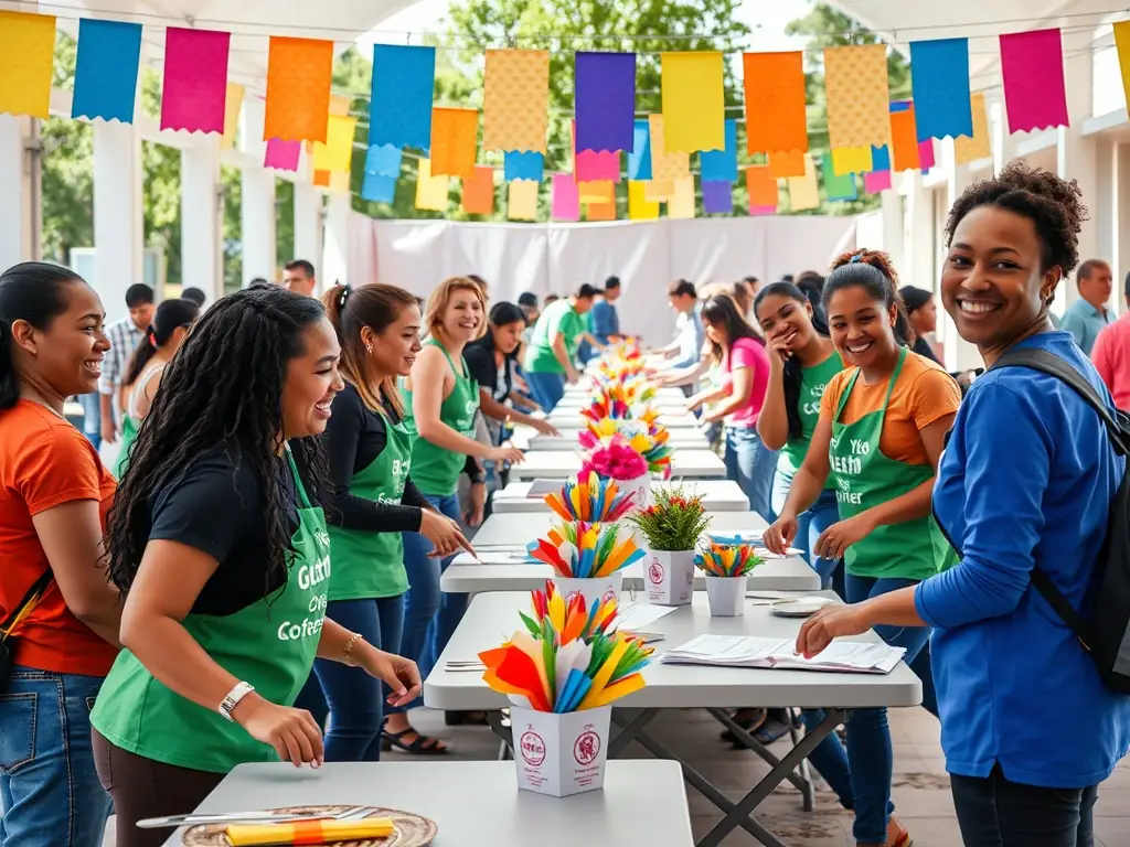 A photo of volunteers working together to set up decorations for a community festival organized by BY VALACROFT. The atmosphere is collaborative and cheerful, highlighting the spirit of community involvement.