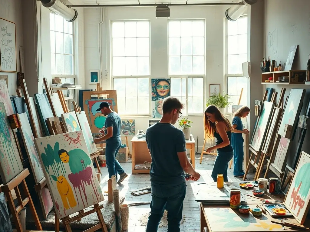 A photograph showcasing a group of young artists participating in a BY VALACROFT-sponsored workshop, deeply engaged in creating artwork. The setting is a bright, creative studio space.