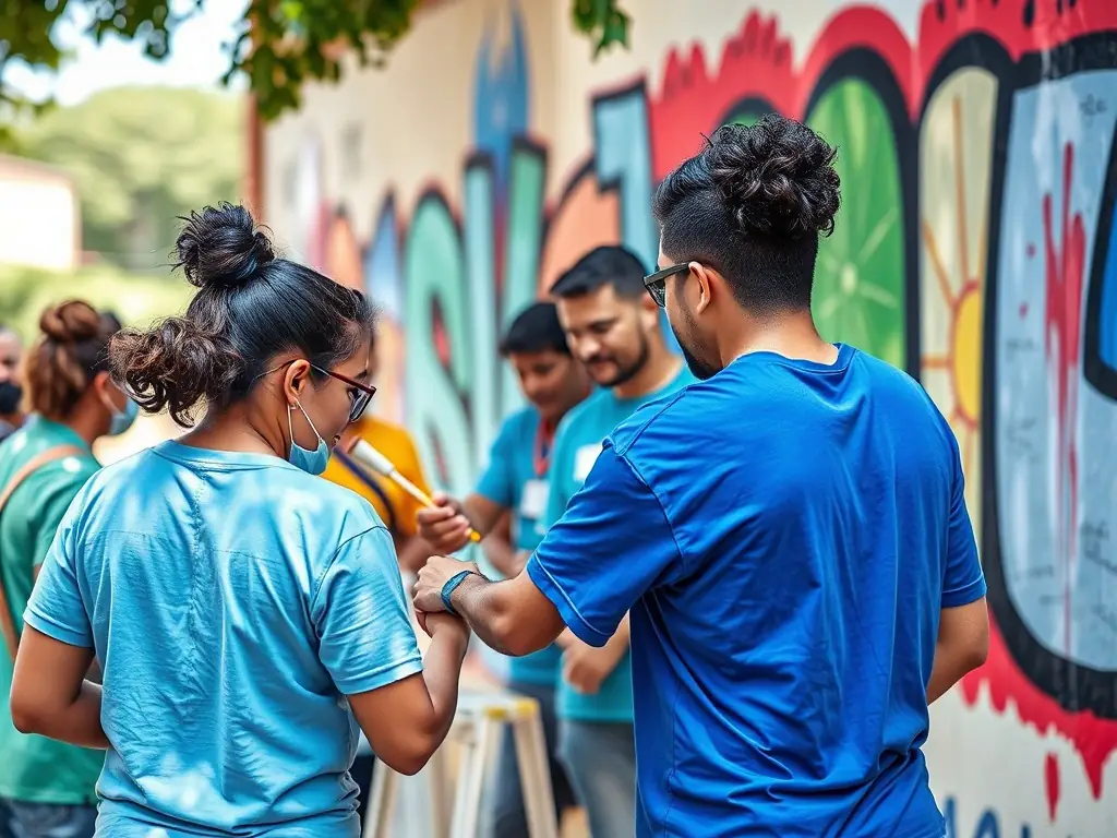 A photograph showing volunteers and community members collaborating on a public art project, demonstrating BY VALACROFT's commitment to enhancing community spaces and fostering a sense of belonging.