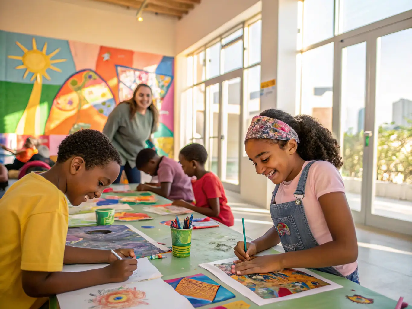 A photograph capturing a diverse group of community members participating in an interactive art workshop, showcasing the organization's commitment to fostering creativity and inclusivity.